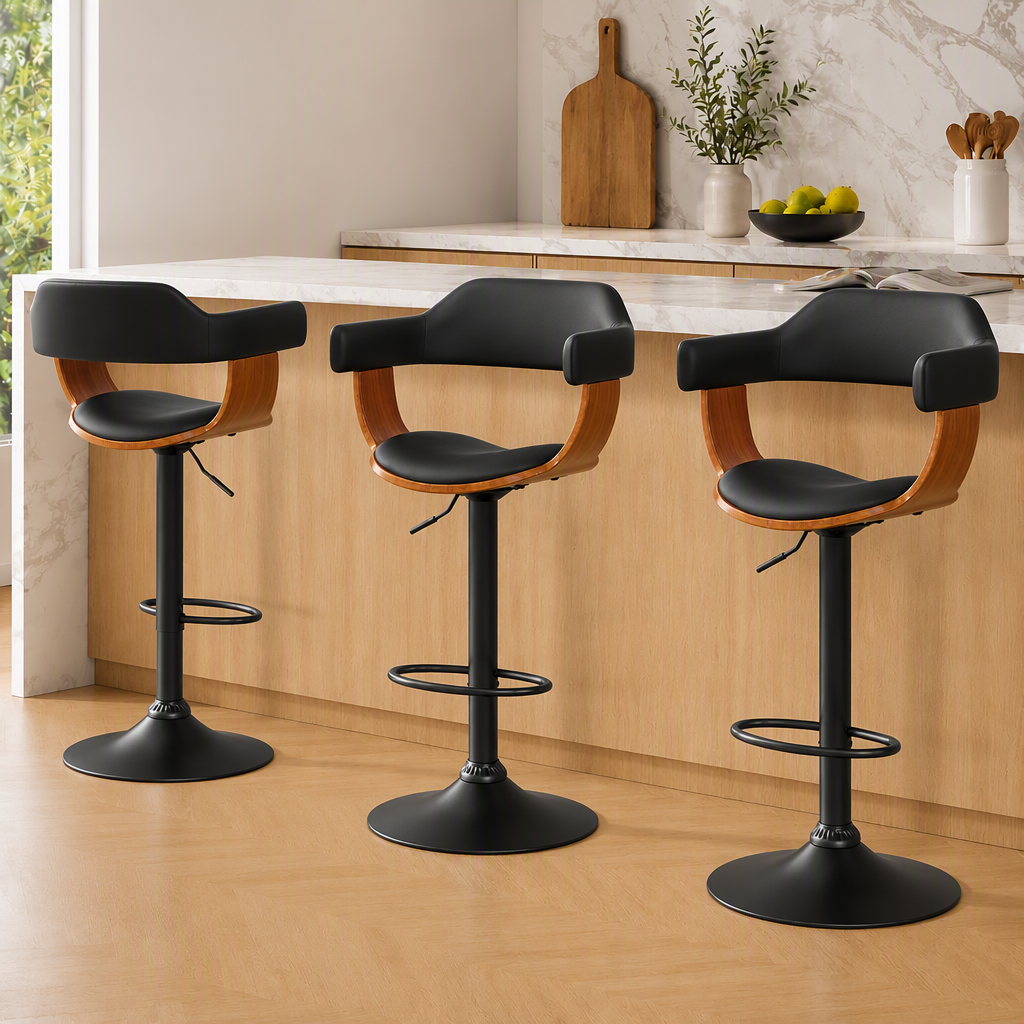 Artiss Bar Stools X3 Kitchen Counter Chair Gas Lift Swivel PU Selina All Black