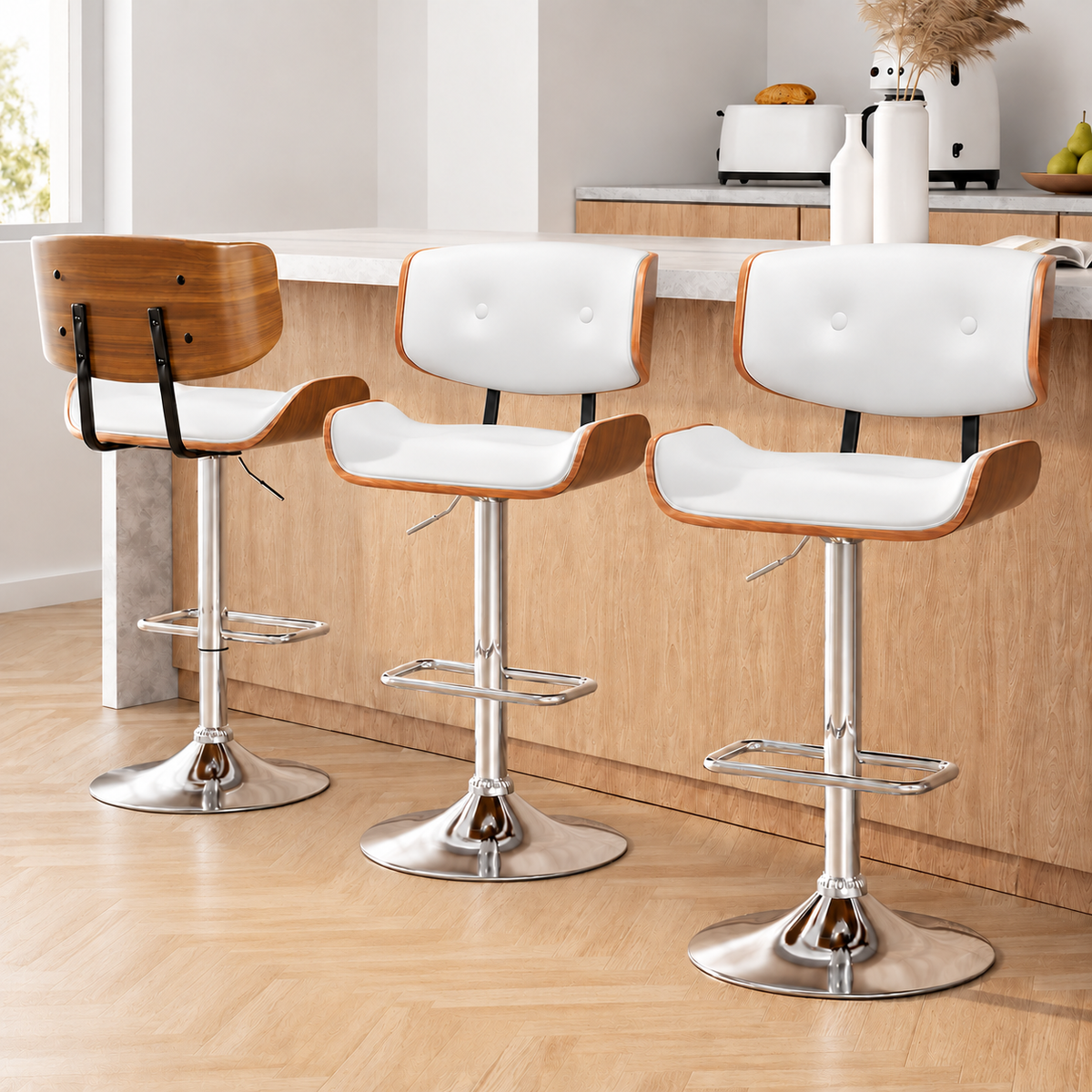 Artiss Bar Stools X3 Kitchen Counter Chair Gas Lift Swivel PU Cherry White