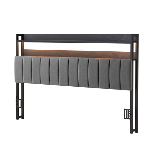 Artiss King Headboard Charging Station Storage LED Light Grey Upholstered