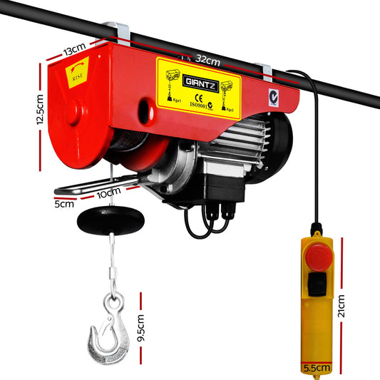 Red Giantz electric wire rope hoist with measurements on a white background