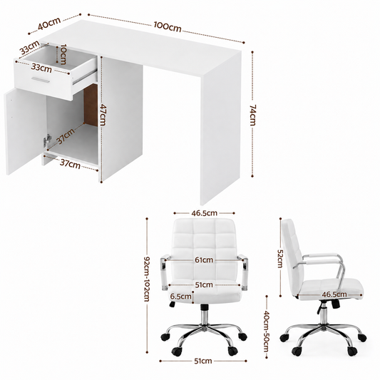 Artiss Office Desk and Chair Set 100cm Computer Desk PU Leather Office Chair