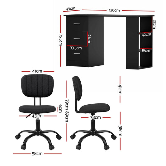 Artiss Office Desk & Chair Set 120cm Computer Desk with 3 Drawers & Open Shelves, Ergonomic Armless Office Chair with Wheels, Height Adjustable for Home Office Study