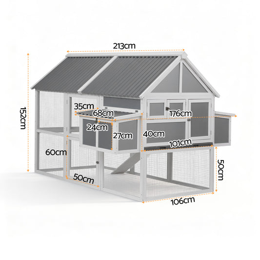 i.Pet Chicken Coop Large Outdoor Rabbit Hutch Chook House Hatch Box With Run Grey White