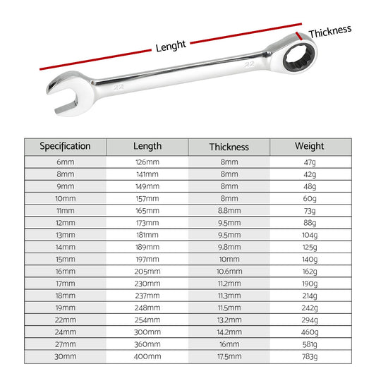 Giantz 17pcs Ratchet Spanner Set Metric 6MM-30MM