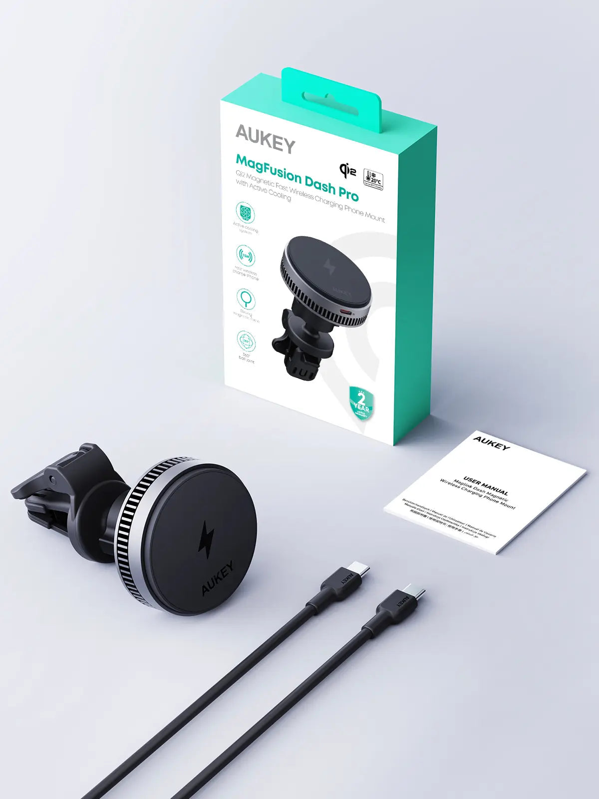 Aukey MagFusion Dash Pro Qi2 Magnetic Fast Wireless Charging Phone Mount with Active Cooling (HD-MC13A)