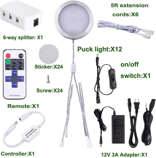 Linkable Under Cabinet LED Lighting 12V Dimmable Puck Lights with Wireless RF Remote Control, Hardwired & Wall Plug in for Kitchen Mood Lighting,Daylight White