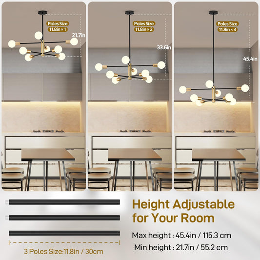 Modern Sputnik Chandelier 8 Lights Height Adjustable Ceiling Light Fixture Mid-Century Modern Gold Chandelier for Dining Room Bedroom Kitchen Living Room with Sloped Ceiling Adapter