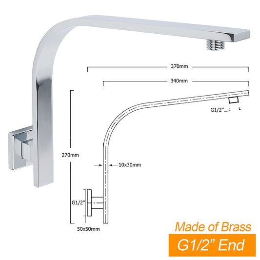 WELS Chrome Square 10" Thin Rainfall Shower Head + Brass Gooseneck Wall Arm Set