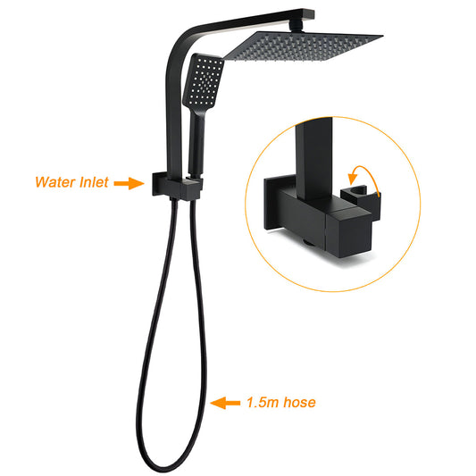 WELS Matt Black 8" Shower Head 3 Modes Handheld Gooseneck Arm Square 2in1 Set Mixer