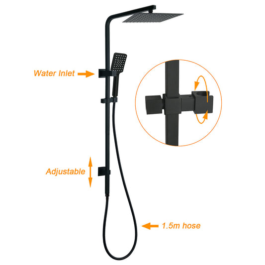 Matt Black Twin Shower Set Square 10" Rain Head 3 Modes Handheld Wall Arm Rail
