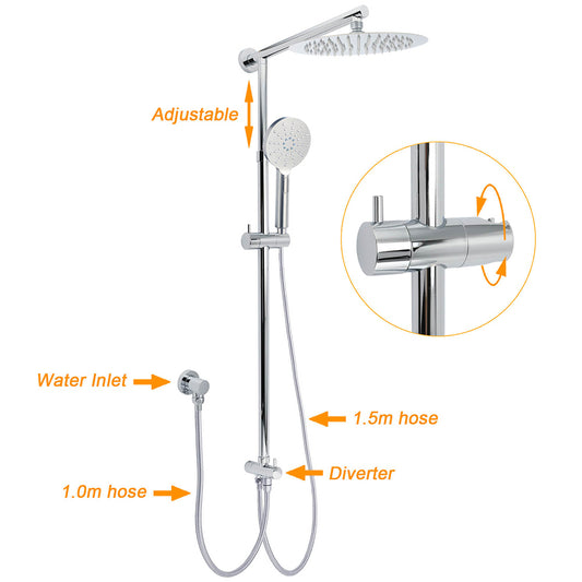 Chrome 10" Round Rain Handheld Twin Shower Head Arm Sliding Rail Arm Double Taps