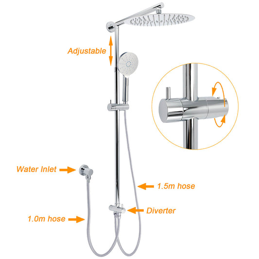WELS Round Large 12" Rain 2in1 Shower Head 3 Modes Handheld Wall Rail Brass Twin Taps