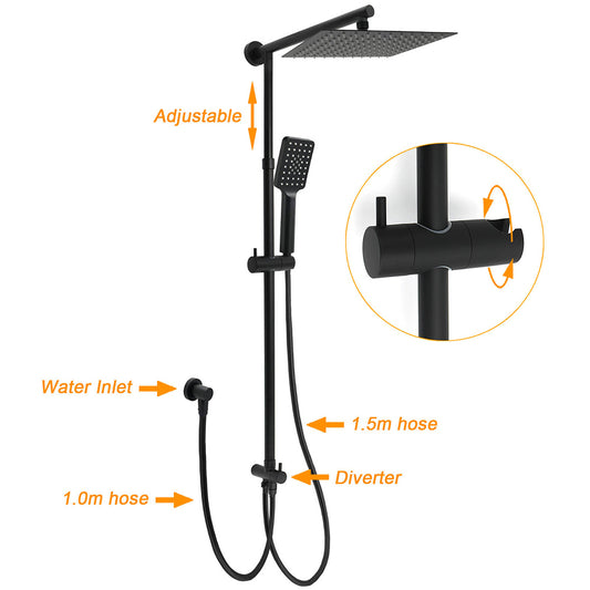 WELS Matt Black 2in1 Set Square 10" Shower Rain Head Handheld Adjustable Silde Rail