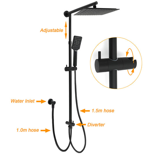 WELS Matt Black 2in1 Square 10" Rain Shower Head 3 Mode Handheld Adjustable Rail Twin Taps Set