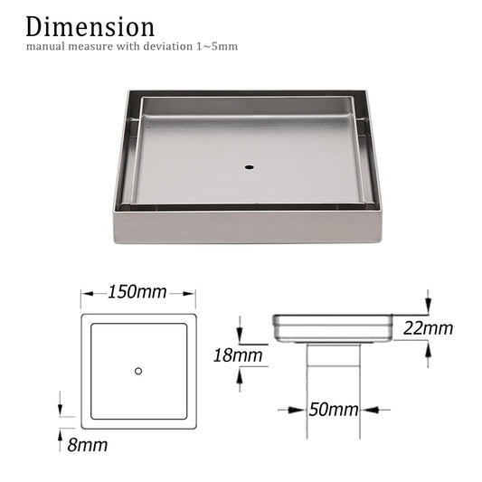 150x150mm Square Tile Insert Floor Drain Stainless Steel Shower Grate 50mm Waste