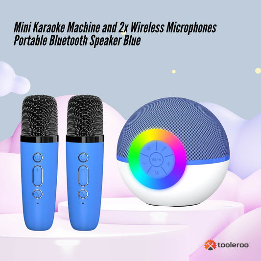 Mini Karaoke Machine and 2x Wireless Microphones Portable Bluetooth Speaker Blue