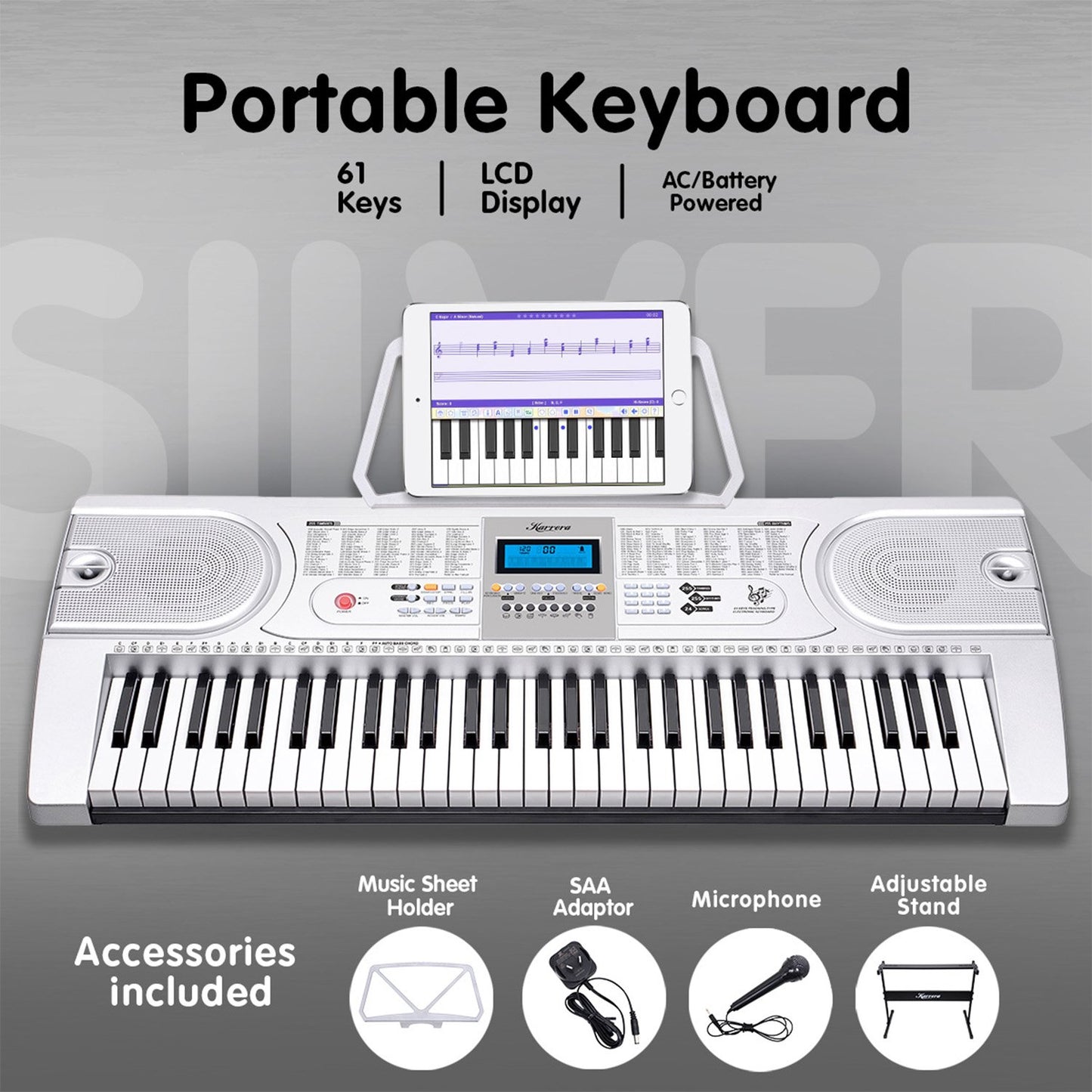 Karrera 61 Keys Electronic Keyboard Teaching Piano with Electric Stand in Silver CHJ-61