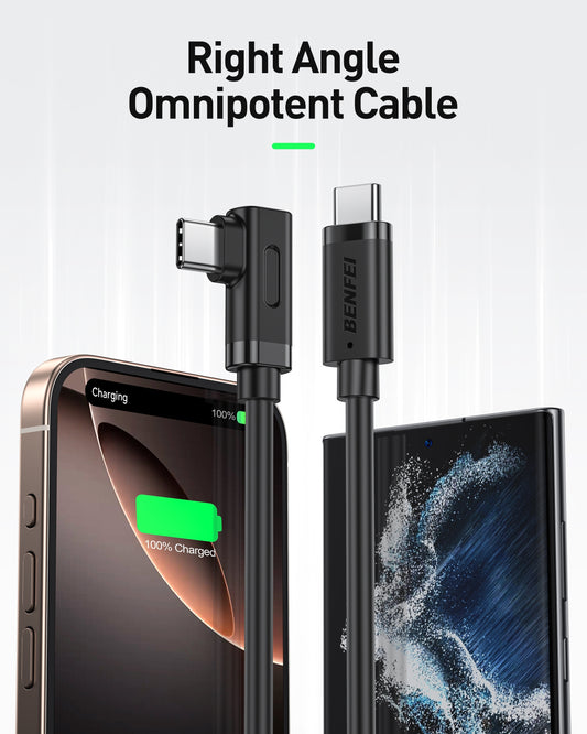 BENFEI 428BK-3M USB C to Right Angle USB C Cable , 90-dgree Angled USB 2.0 Type C Charger Cable, 3A Fast Charging & 480Mbps Data Sync, Durable PVC
