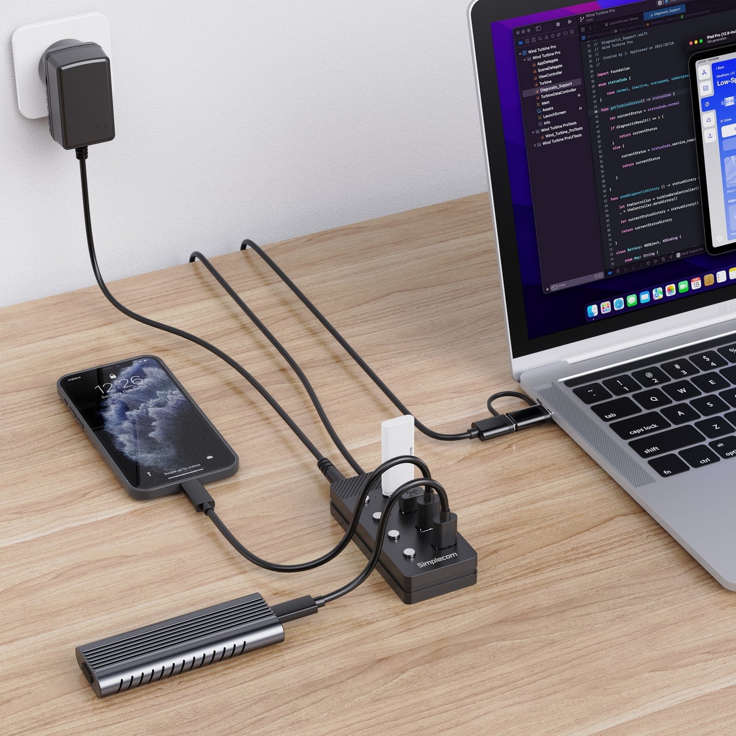 Simplecom CH345C SuperSpeed USB-A and USB-C to 4-Port USB 3.0 Hub 5Gbps Individual Switches and Power Adapter