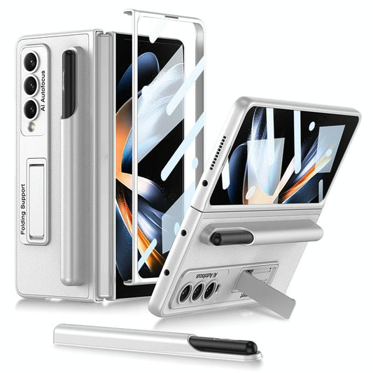 For Samsung Galaxy Z Fold4 5G Leather Case With Holder & Pen Slots - Thin & Shockproof - Grey