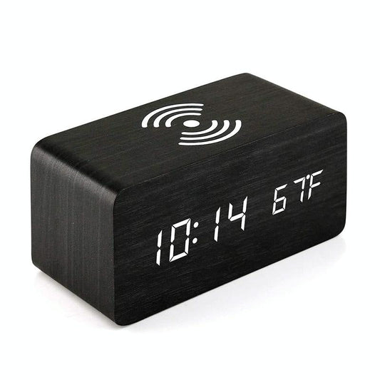 5W Wooden Wireless Charger With Led Mirror Display And Sub Alarm Clock - White Wood