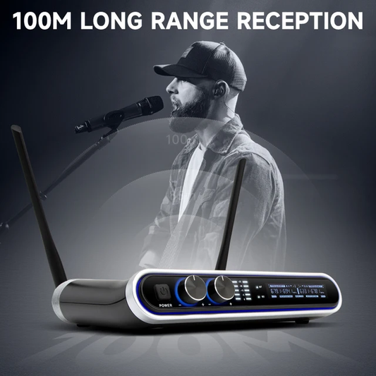 Hridz Wireless UHF Microphone Kit Dual Handheld Mics with 100m Range Receiver for Karaoke Meetings Parties