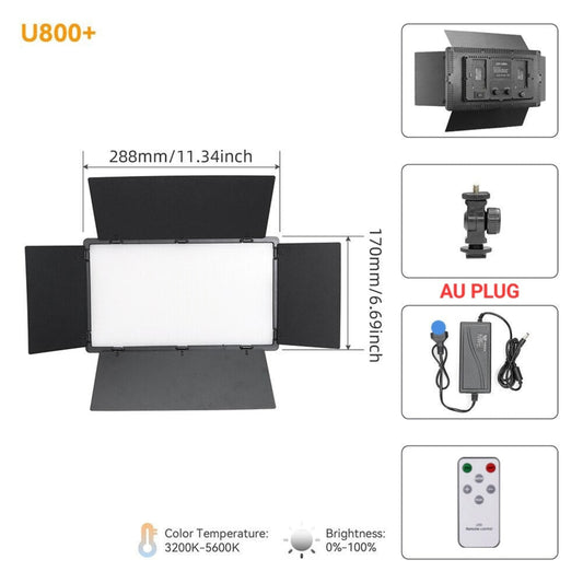 HridZ U800 LED Video Light – Dimmable Bi-Color 2500K-8500K Panel, Remote-Controlled, for Photography, YouTube, Vlogging, and Video Recording with AU Plug Power Adapter