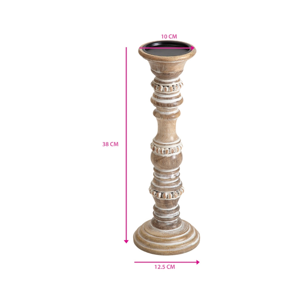 Handcrafted Mango Wood Beaded Pillar Candleholder 38cm