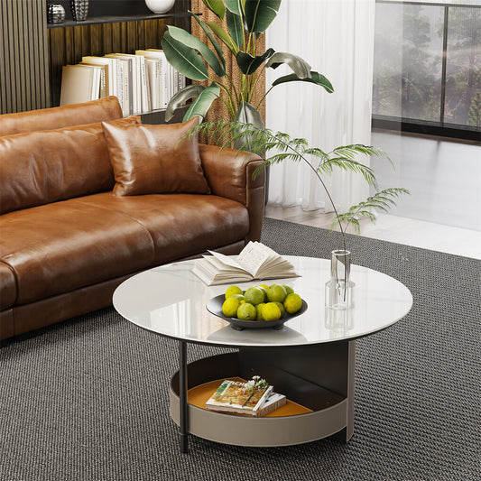 Xl Chic Sintered Stone Top Coffee Center Table Saddle Leather Shelf Accent Table
