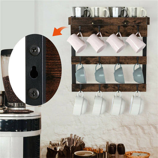 Tea Coffee Mug Rack Storage Holder Cup Hanger Wood Wall Mounted Teacup Organizer