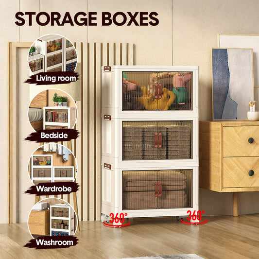 Foldable Storage Cabinet Stackable Bins Household Plastic Closet Multi-purpose Organizer Doors and Top Lid 2 Way Opening with 360 Degree Rotatable Wheels