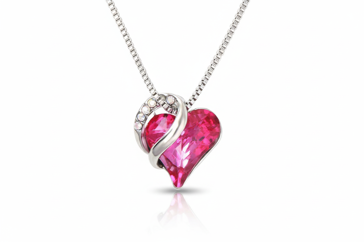 Silver Plated Infinity Love Heart Pendant With Birthstone Crystals Jewelry Gifts for Wife Necklaces for Women (Dark Pink)