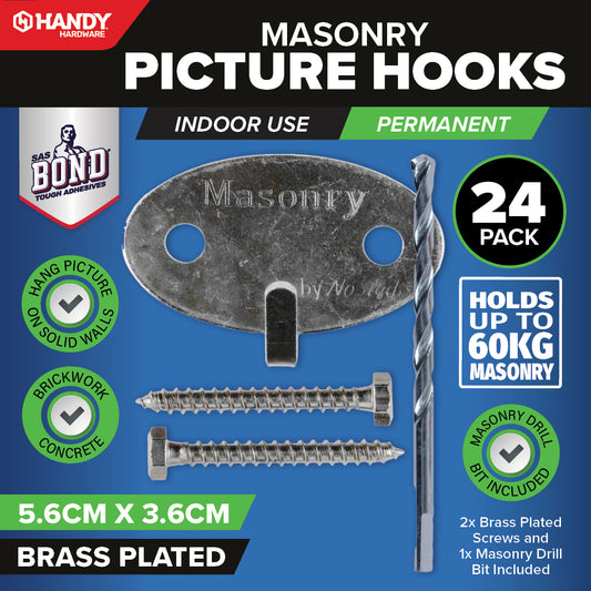 Handy Hardware 24PCE Masonry Picture Hook Drill Bit Included 60kg Hold
