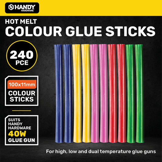 Handy Hardware 240PCE Coloured Hot Melt Glue Stick Vibrant Colours 100 x 11mm