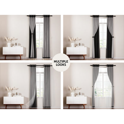 Artiss 2X 132x160cm Blockout Sheer Curtains Black