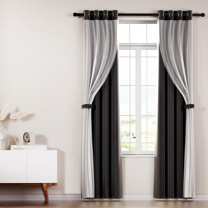 Artiss 2X 132x274cm Blockout Sheer Curtains Black