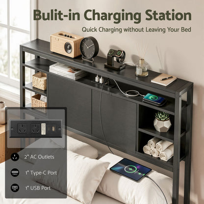 Artiss Bed Headboard King Single Storage Bedhead Charging Station Black
