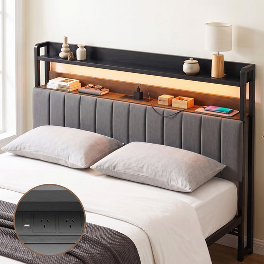 Artiss King Headboard Charging Station Storage LED Light Grey Upholstered