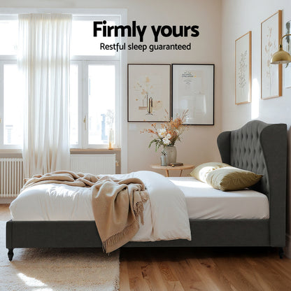 Artiss King Bed Frame with Wingback Headboard Grey Linen Upholstered Platform Bed Base