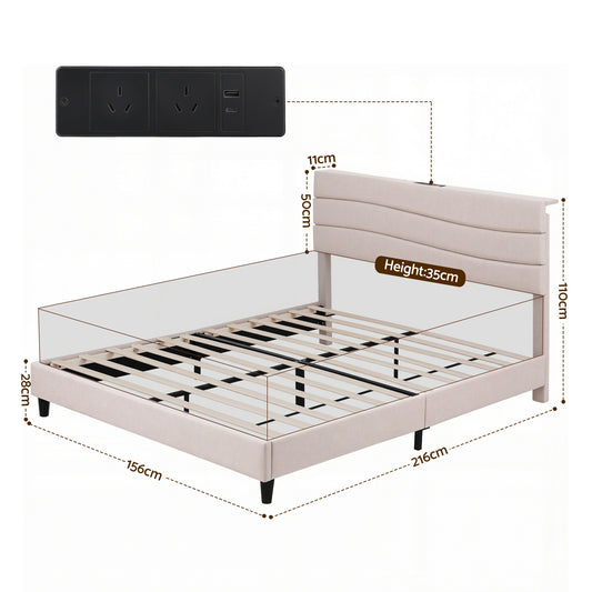 Artiss Queen Bed Frame with Storage Adjustable Headboard Platform Base Linen Fabric Charging Ports