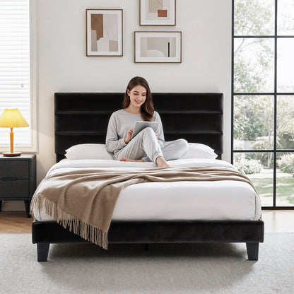 Artiss Queen Bed Frame Upholstered Platform Base with Geometric Headboard Black Velvet