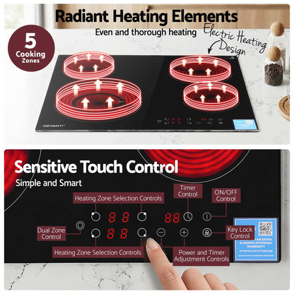 Devanti Ceramic Cooktop 5 Cooking Zone 4 Electric Hobs Touch Control 7600W Black
