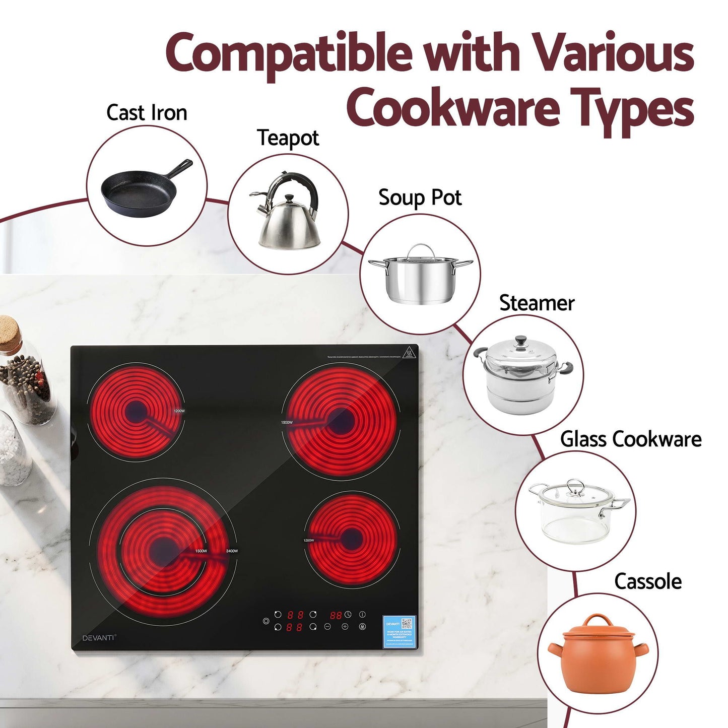Devanti Ceramic Cooktop 5 Cooking Zone 4 Electric Hobs Touch Control 7600W Black