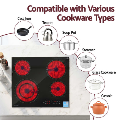Devanti Ceramic Cooktop 5 Cooking Zone 4 Electric Hobs Touch Control 7600W Black