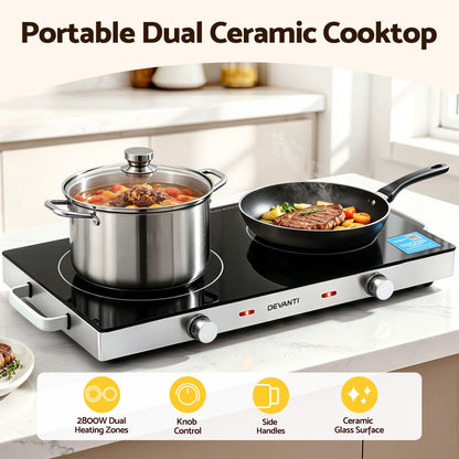 Devanti Portable Ceramic Cooktop Dual Burner Electric Hot Plate 2800W Black