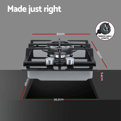 Devanti Gas Cooktop 30cm 2 Burner Built-in Stove Glass Cook Top NG LPG Wok Burner