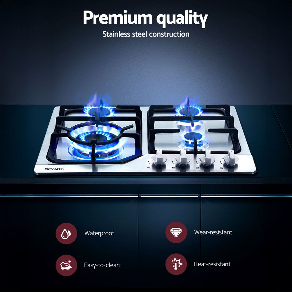 Devanti Gas Cooktop 60cm 4 Burner Silvir