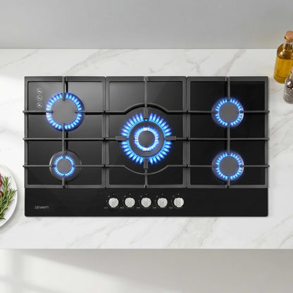 Devanti 90cm Gas Cooktop 5 Burner LPG NG Tempered Glass Hob Black