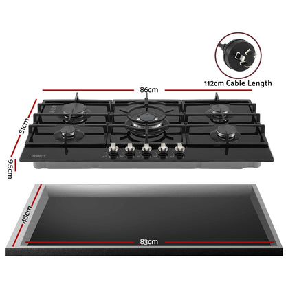 Devanti 90cm Gas Cooktop 5 Burner LPG NG Tempered Glass Hob Black