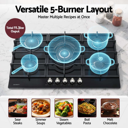 Devanti 90cm Gas Cooktop 5 Burner LPG NG Tempered Glass Hob Black